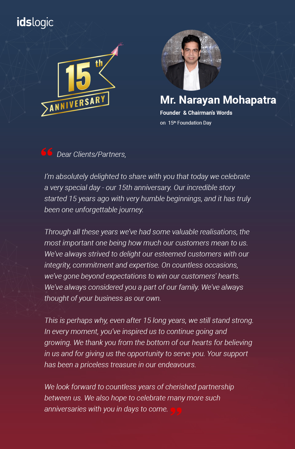 Message from Chairman of IDS Logic on 15th Anniversary